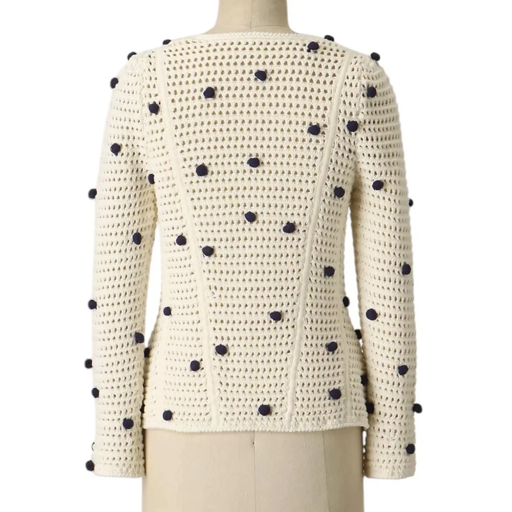 ANTHROPOLOGIE MOTH POMPOM Cream Black Polka Dot Zippered Jacket Sweater Cardigan - Picture 3 of 8